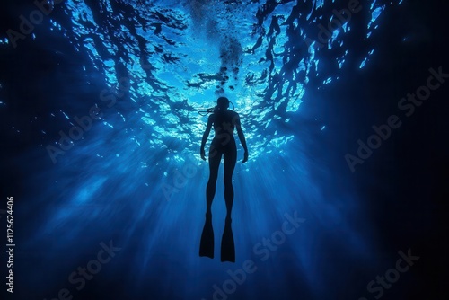 A diver silhouetted against shimmering blue water, capturing the essence of underwater exploration.