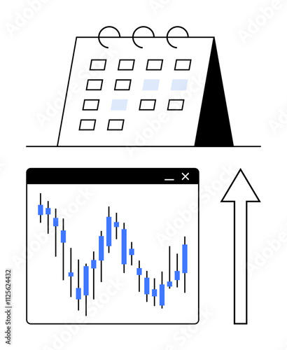 Calendar with highlighted dates, financial chart with candlestick patterns, and an upward arrow indicating growth. Ideal for finance, business strategy, market analysis, success, planning