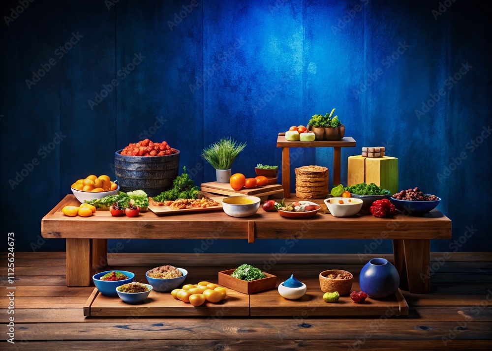 Elegant wooden dais paired with vibrant indigo backdrop, showcasing a stunning food arrangement—ideal for culinary photography that embodies minimalism and sophistication in culinary art. Elegant wooden dais paired with vibrant indigo backdrop, showcasing a stunning food arrangement—ideal for culinary photography that embodies minimalism and sophistication in culinary art.