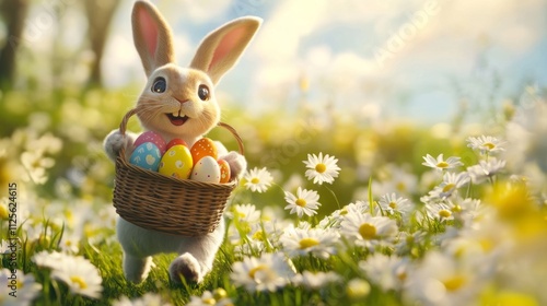 A playful Easter bunny hopping through a field of daisies, carrying a basket full of colorful eggs with a joyful expression