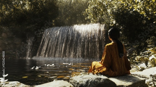 Serene Waterfall Meditation: A Woman Finds Peace by the Cascading Waters