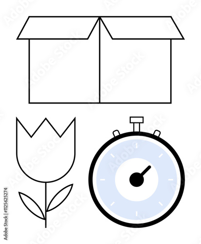 Cardboard box simplistic flower, and stopwatch convey concepts of organization, nature, and punctuality. Ideal for themes of storage, eco-friendliness, time management, logistics, minimalism