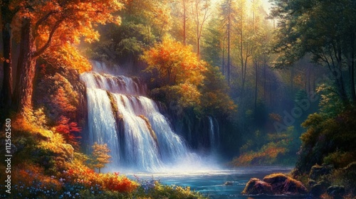 Autumn Waterfall Serenity: A Majestic Cascade in a Golden Forest