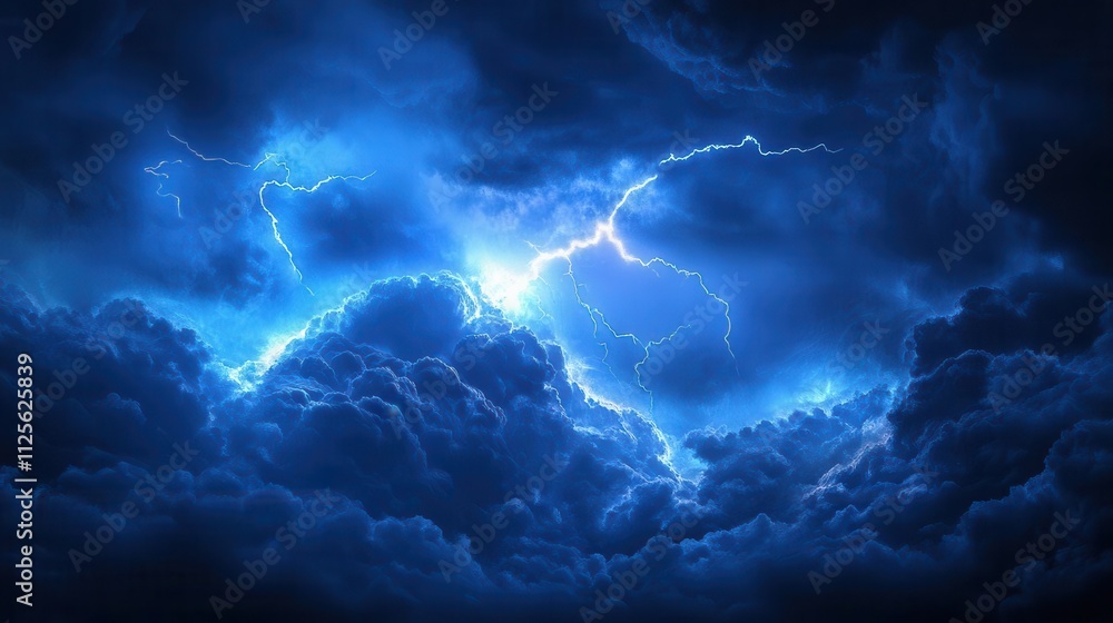 Naklejka premium A dramatic stormy sky illuminated by flashes of lightning amidst dark clouds.