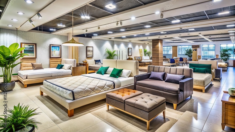Expansive modern showroom featuring chic mattresses and refined decor, perfect for finding inspiration for furniture shopping and enhancing your interior design aesthetic. Expansive modern showroom featuring chic mattresses and refined decor, perfect for finding inspiration for furniture shopping and enhancing your interior design aesthetic.