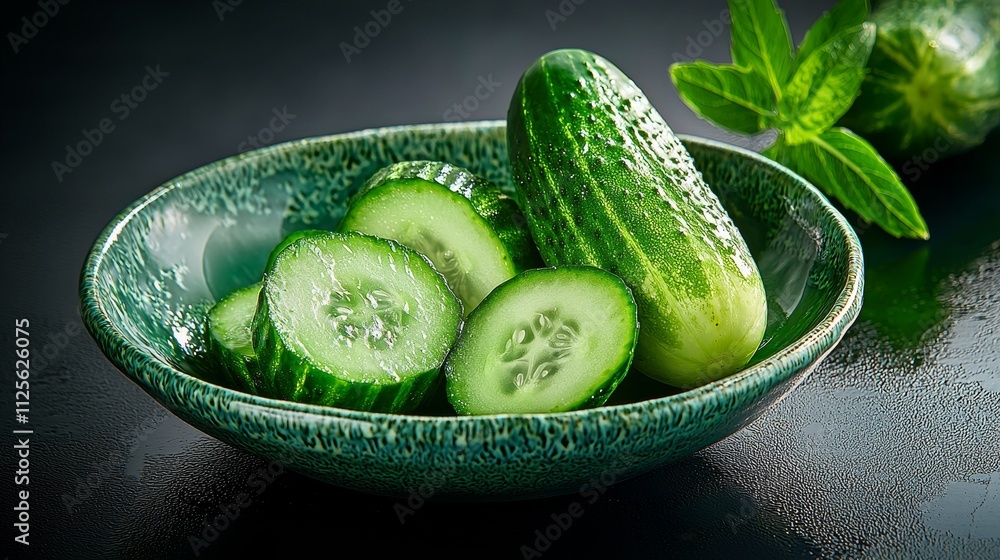 Artistic display of whole and cut pickled cucumbers on a ceramic plate, against a dark background with soft light highlighting their glossy surface Artistic display of whole and cut pickled cucumbers on a ceramic plate, against a dark background with soft light highlighting their glossy surface