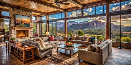 Experience a cozy living room in Arizona, featuring breathtaking mountain views, serene design elements, rustic decor, and abundant natural light for a warm, inviting atmosphere.