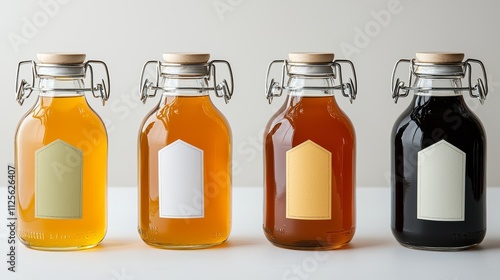 Artistic setup of Kombucha bottles, unique labels for five flavors, swing tops glistening, and subtle condensation under bright, diffused studio lighting