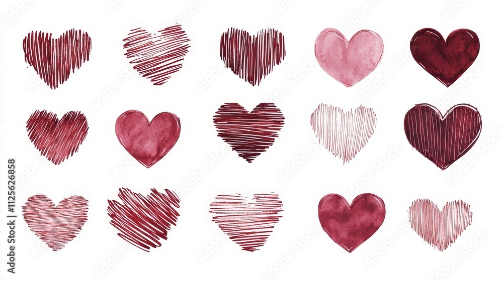 Assorted minimalist heart sketches in red ink, cleanly isolated on white, representing love and affection, ideal for Valentine's Day Assorted minimalist heart sketches in red ink, cleanly isolated on white, representing love and affection, ideal for Valentine's Day