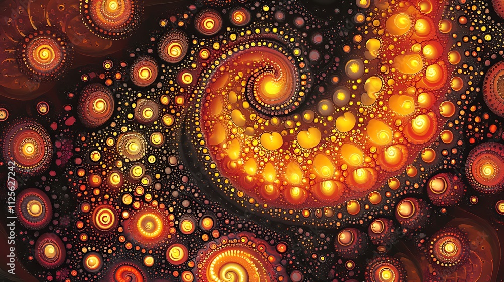 Abstract swirling fractal art with orange and yellow glowing dots on dark background. Abstract swirling fractal art with orange and yellow glowing dots on dark background.