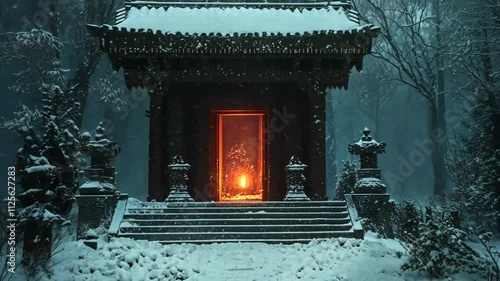 Enigmatic Snow Covered Temple Gate in Winter Forest