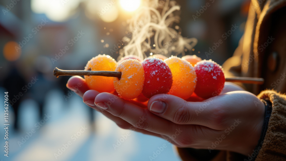 A person's hand delicately holding a string of tantalizing fruit on a stick, with steam rising off it to suggest warmth and freshness. A person's hand delicately holding a string of tantalizing fruit on a stick, with steam rising off it to suggest warmth and freshness.