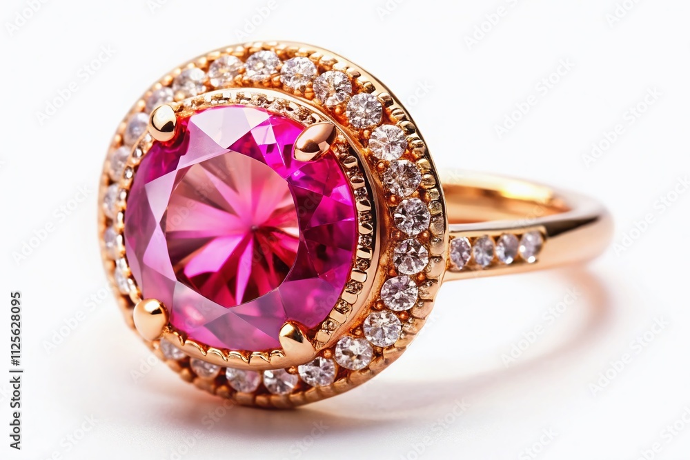 Exquisite round rose gemstone set in a lavish gold ring, captured in stunning fashion photography with clipart style on a clean white backdrop for jewelry enthusiasts. Exquisite round rose gemstone set in a lavish gold ring, captured in stunning fashion photography with clipart style on a clean white backdrop for jewelry enthusiasts.