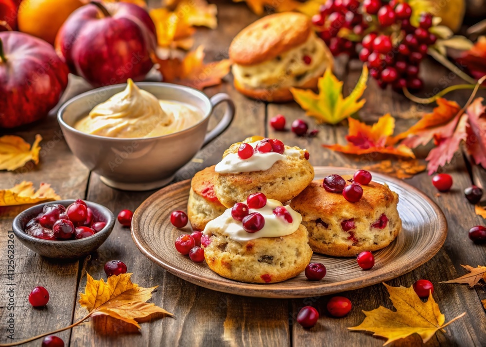 Fall Scones with Cranberry and Orange, Clotted Cream, Watercolor Illustration, Cozy Autumn Food Photography, Seasonal Treats, Delicious Desserts, Warm Flavors, Holiday Baking, Festive Table Setting Fall Scones with Cranberry and Orange, Clotted Cream, Watercolor Illustration, Cozy Autumn Food Photography, Seasonal Treats, Delicious Desserts, Warm Flavors, Holiday Baking, Festive Table Setting