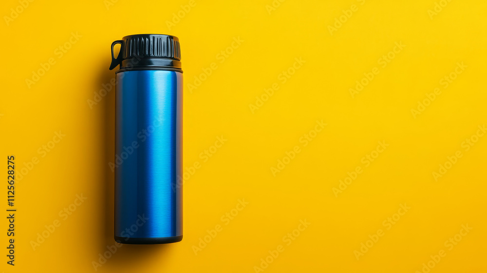 Vibrant Hydration: Blue Metal Thermos on Yellow Background Vibrant Hydration: Blue Metal Thermos on Yellow Background