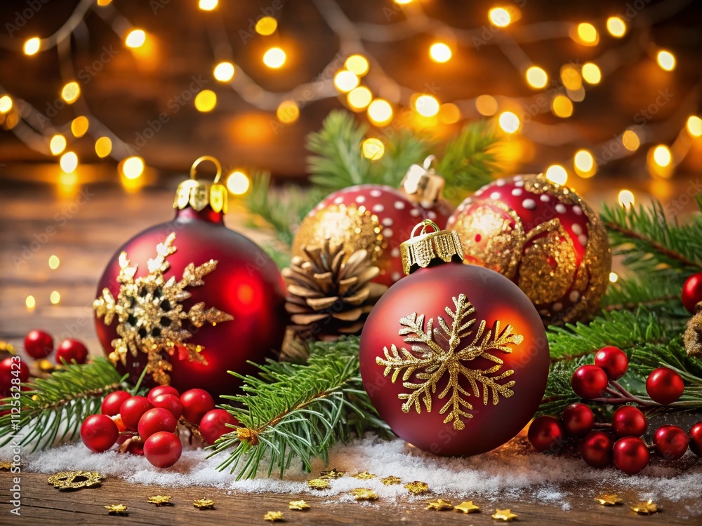 Festive Christmas Ornaments in Red and Gold with Snowflakes Surrounded by Evergreen Branches and Soft Holiday Lights for a Joyful Holiday Atmosphere Festive Christmas Ornaments in Red and Gold with Snowflakes Surrounded by Evergreen Branches and Soft Holiday Lights for a Joyful Holiday Atmosphere