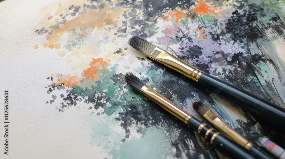Fototapeta premium Creative Tools: Paints and Brushes on Paper