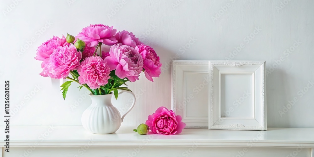 Floral Interior Decoration with Pink Peonies on White Shelf and Blank Picture Frame Mock-up Floral Interior Decoration with Pink Peonies on White Shelf and Blank Picture Frame Mock-up