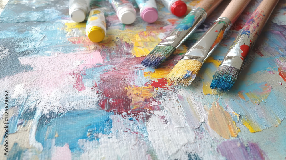 Fototapeta premium Artistic Expression: Colorful Oil Paints on Canvas with Abstract Painting