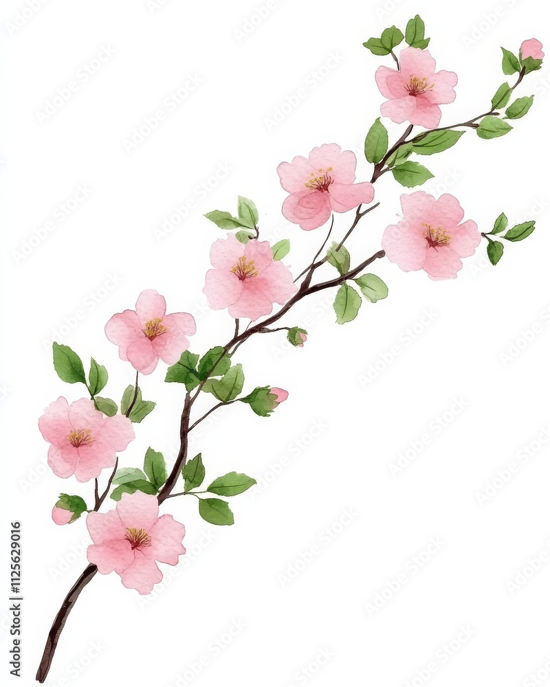 Watercolor painting of pink blossoms on a branch Watercolor painting of pink blossoms on a branch