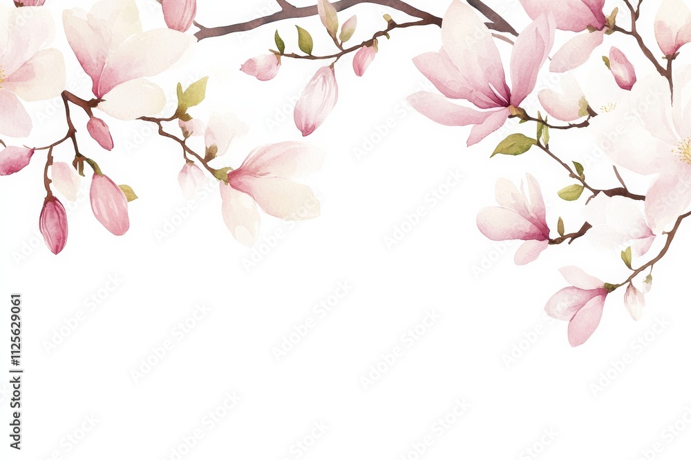Blooming magnolia flowers on branches against a white background Blooming magnolia flowers on branches against a white background