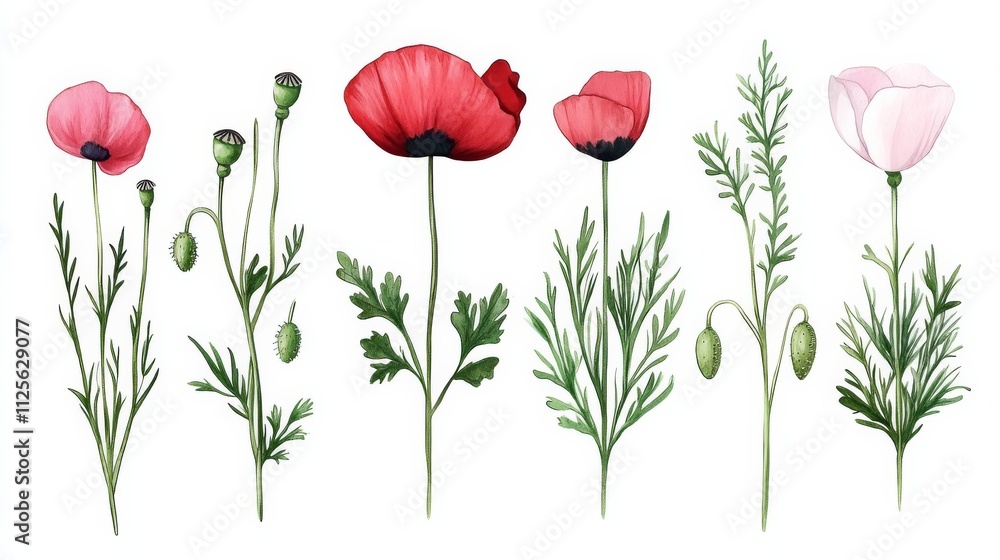 Fototapeta premium Watercolor red and pink poppies with green stems and buds on white background