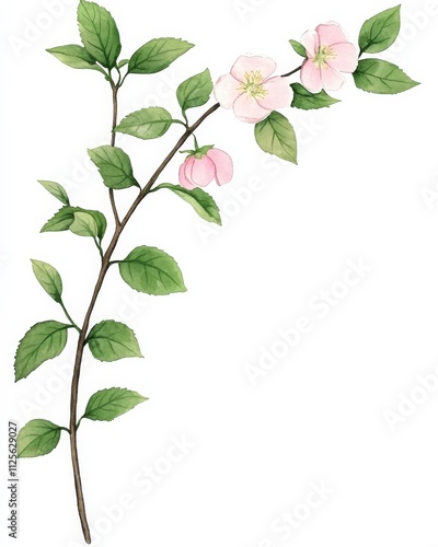 Delicate pink cherry blossom branch with green leaves on white background