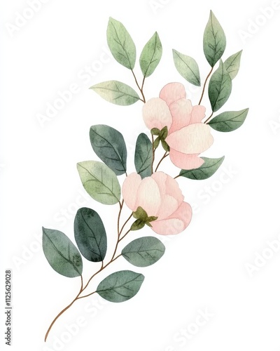 Elegant watercolor floral design with pink flowers and green leaves