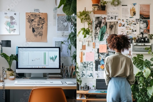 A workspace features a sleek computer setup while an artistic wall showcases various creative artworks and designs, inspiring productivity. Generative AI photo