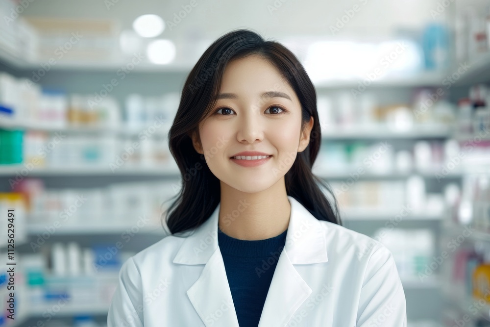 Asian female pharmacist in pharmacy setting with shelves of medicines Asian female pharmacist in pharmacy setting with shelves of medicines