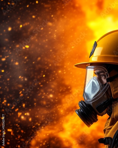 Caucasian male firefighter in protective gear facing intense blaze
