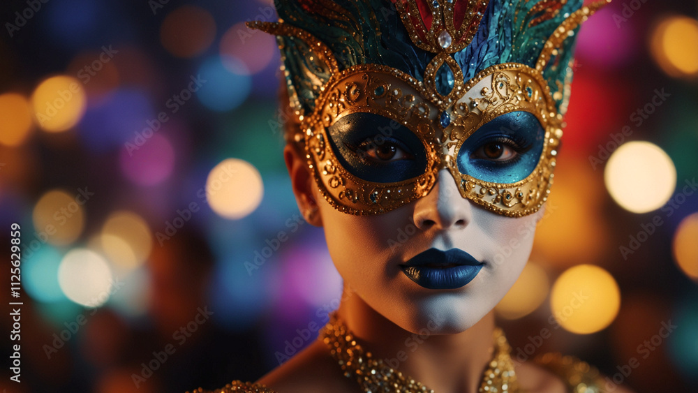 A close-up of an enchanting masked woman with shimmering elements in a vibrant setting at a festive gathering. A close-up of an enchanting masked woman with shimmering elements in a vibrant setting at a festive gathering.