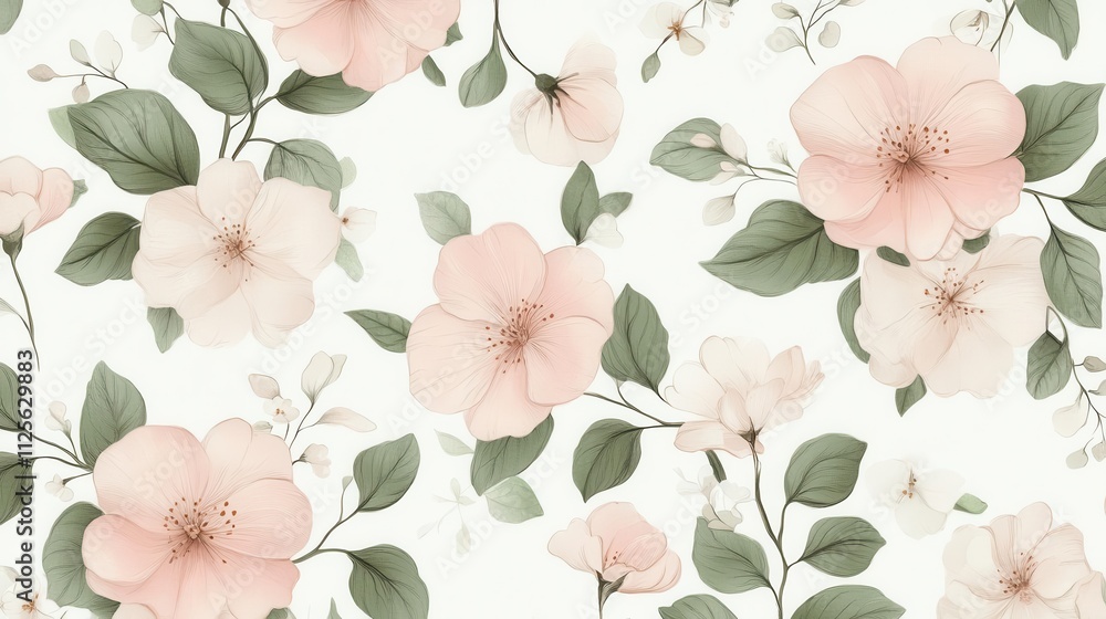 Fototapeta premium A floral pattern featuring soft pink flowers and green leaves on a light background.