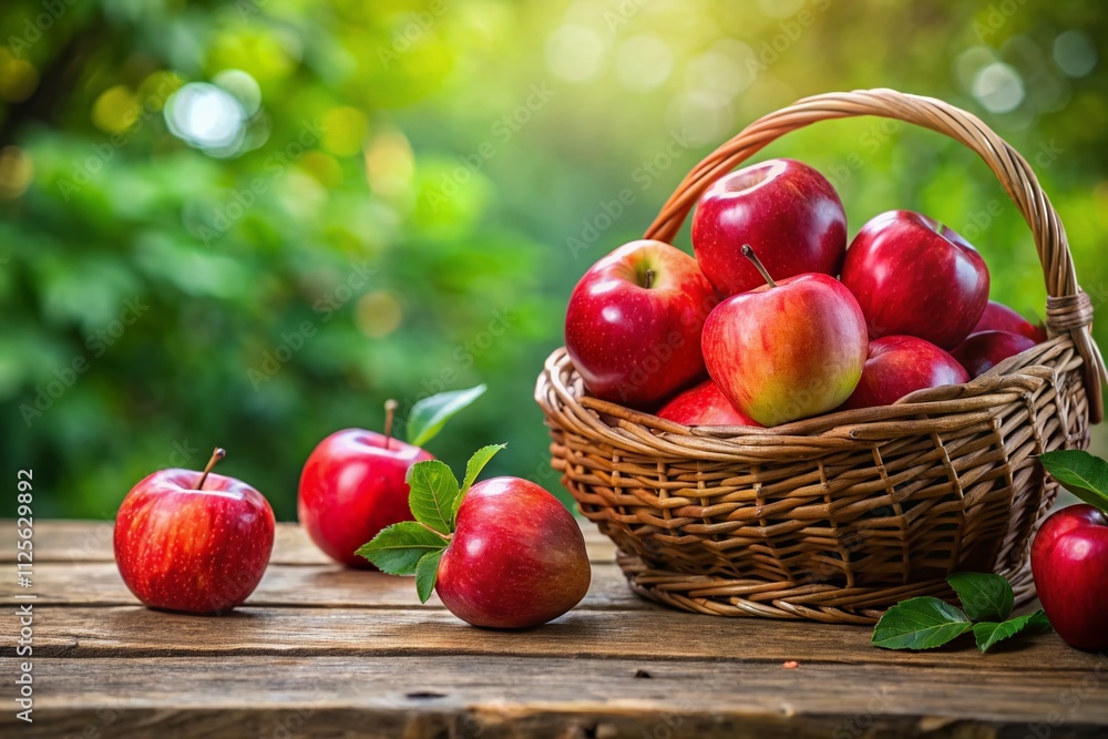 Fresh red apples displayed in a charming basket atop a wooden table, surrounded by nature's lush greenery, featuring a dreamy bokeh effect for seasonal inspiration. Fresh red apples displayed in a charming basket atop a wooden table, surrounded by nature's lush greenery, featuring a dreamy bokeh effect for seasonal inspiration.