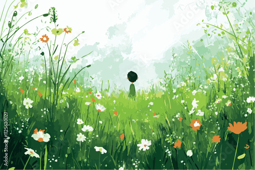 Child walk in chamomile meadow pick up flowers