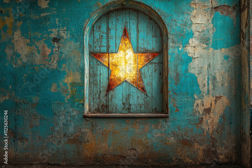 Stargazing, A rustic blue wall features a weathered window with a bright orange star inside, creating a striking contrast against the peeling paint.