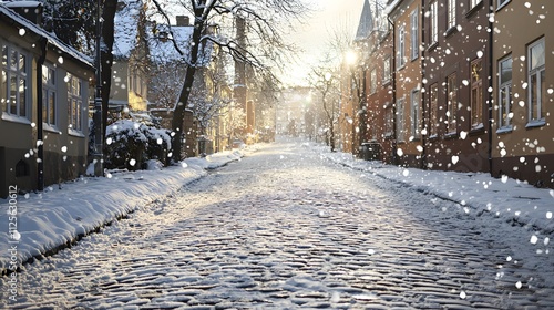Snowy Cobblestone Street with Falling Snowflakes at Dusk