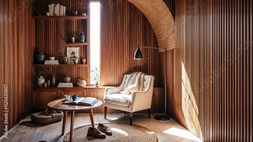 Generative AI, A serene reading nook with a warm oak wood interior, modern furniture, and soft natural lighting