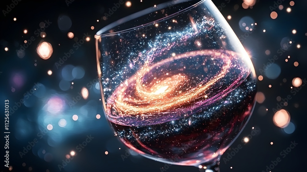 Close-up of a wine glass filled with red wine, swirling with galaxies and nebulae in the background, cosmic space blending into the liquid Close-up of a wine glass filled with red wine, swirling with galaxies and nebulae in the background, cosmic space blending into the liquid