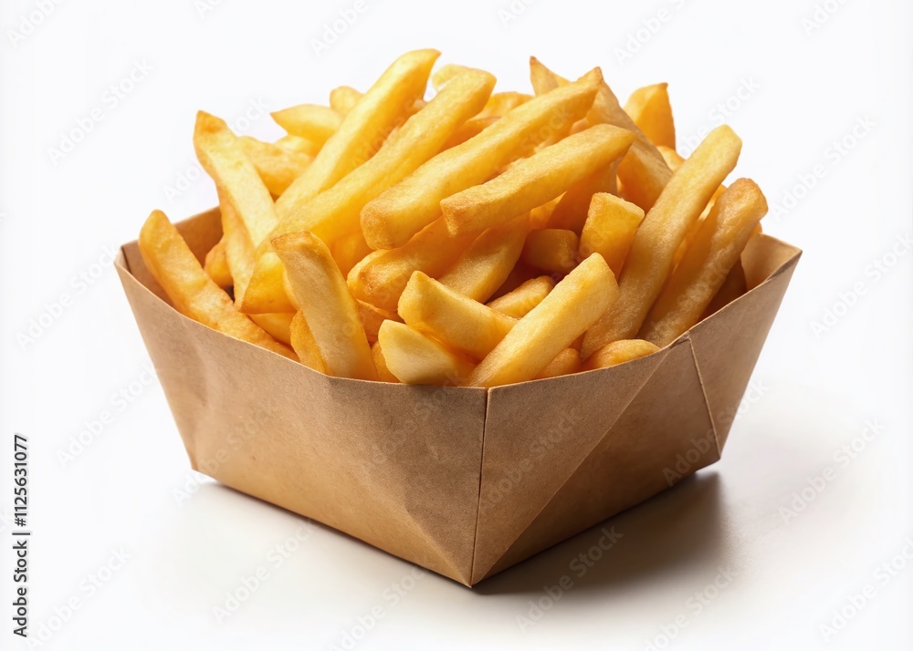Golden French fries in a rustic paper box, isolated on a white backdrop, ideal for fast food meals, appetizers, snacks, and culinary photography needs. Golden French fries in a rustic paper box, isolated on a white backdrop, ideal for fast food meals, appetizers, snacks, and culinary photography needs.