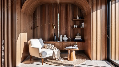 Generative AI, A serene reading nook with a warm oak wood interior, modern furniture, and soft natural lighting