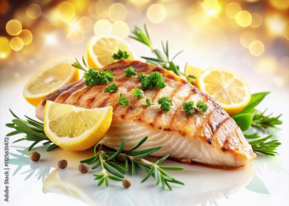 Grilled fish fillet with zesty lemon and vibrant fresh herbs. A culinary delight that embodies healthy eating and gourmet seafood, perfect for restaurant-quality dining. Grilled fish fillet with zesty lemon and vibrant fresh herbs. A culinary delight that embodies healthy eating and gourmet seafood, perfect for restaurant-quality dining.