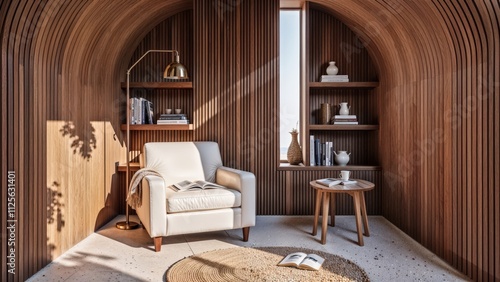 Generative AI, A serene reading nook with a warm oak wood interior, modern furniture, and soft natural lighting