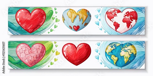 Hand-drawn flat horizontal banners celebrating Valentine's Day, featuring global love and compassion with creative illustrations and stunning panoramic photography elements for a heartfelt touch. photo