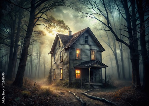 Haunting vintage Halloween wallpaper showcases an empty, weathered house, mysteriously lit with otherworldly glow, enveloped in an unsettling ambiance that captures the spirit of Halloween.