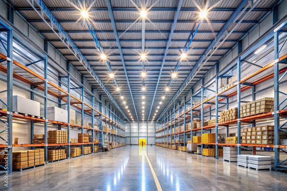 High Ceiling Lit Warehouse with Panel Bulbs – Bright Industrial Space, Modern Storage Facility, Efficient Lighting Design, Spacious Interiors, High-Quality Product Photography High Ceiling Lit Warehouse with Panel Bulbs – Bright Industrial Space, Modern Storage Facility, Efficient Lighting Design, Spacious Interiors, High-Quality Product Photography