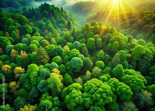 High above, a stunning view captures a lush green forest, filled with dense trees and vibrant foliage, all beautifully illuminated by soothing sunlight streaming down.