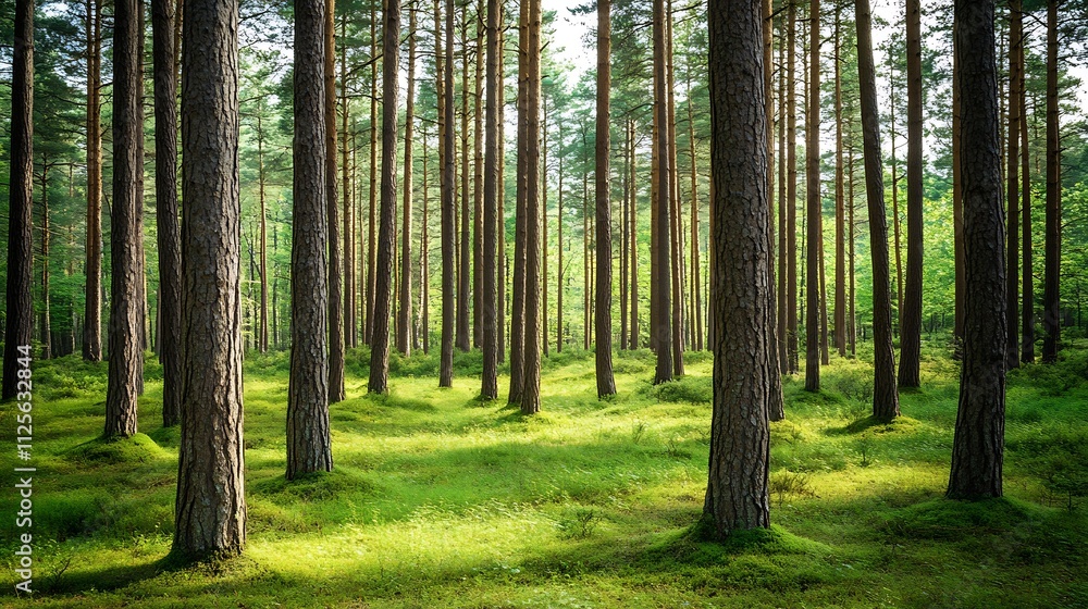 Sunlit pine forest with mossy ground. Sunlit pine forest with mossy ground.