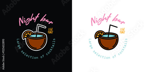 Original vector poster of a night bar. Coconut juice with a straw.