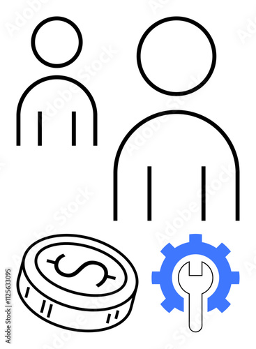 Two minimalistic human figures, a coin with a dollar sign, and a blue gear with a wrench. Ideal for business planning, management, finance, teamwork, economic growth service industry workflow. Line photo